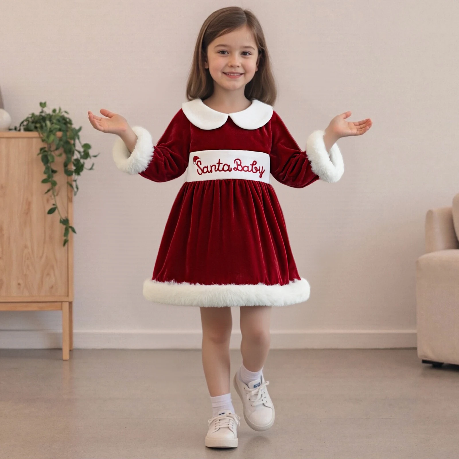 Suefunskry Traje de Navidad para niñas y niños, vestido de terciopelo de manga larga con cuello de muñeca y sombrero de Papá Noel, conjunto de invierno de princesa - imagen 3