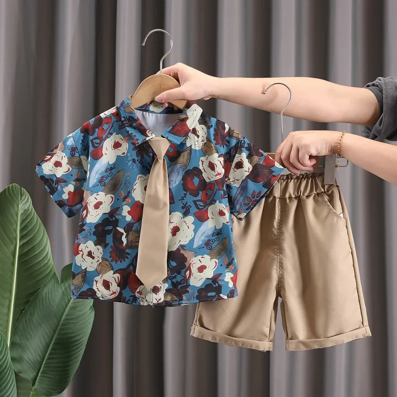 Nueva moda de verano, ropa para bebés, traje para niños, camisa, pantalones cortos, 2 unids/set, ropa infantil, disfraz informal para niños, chándales para niños