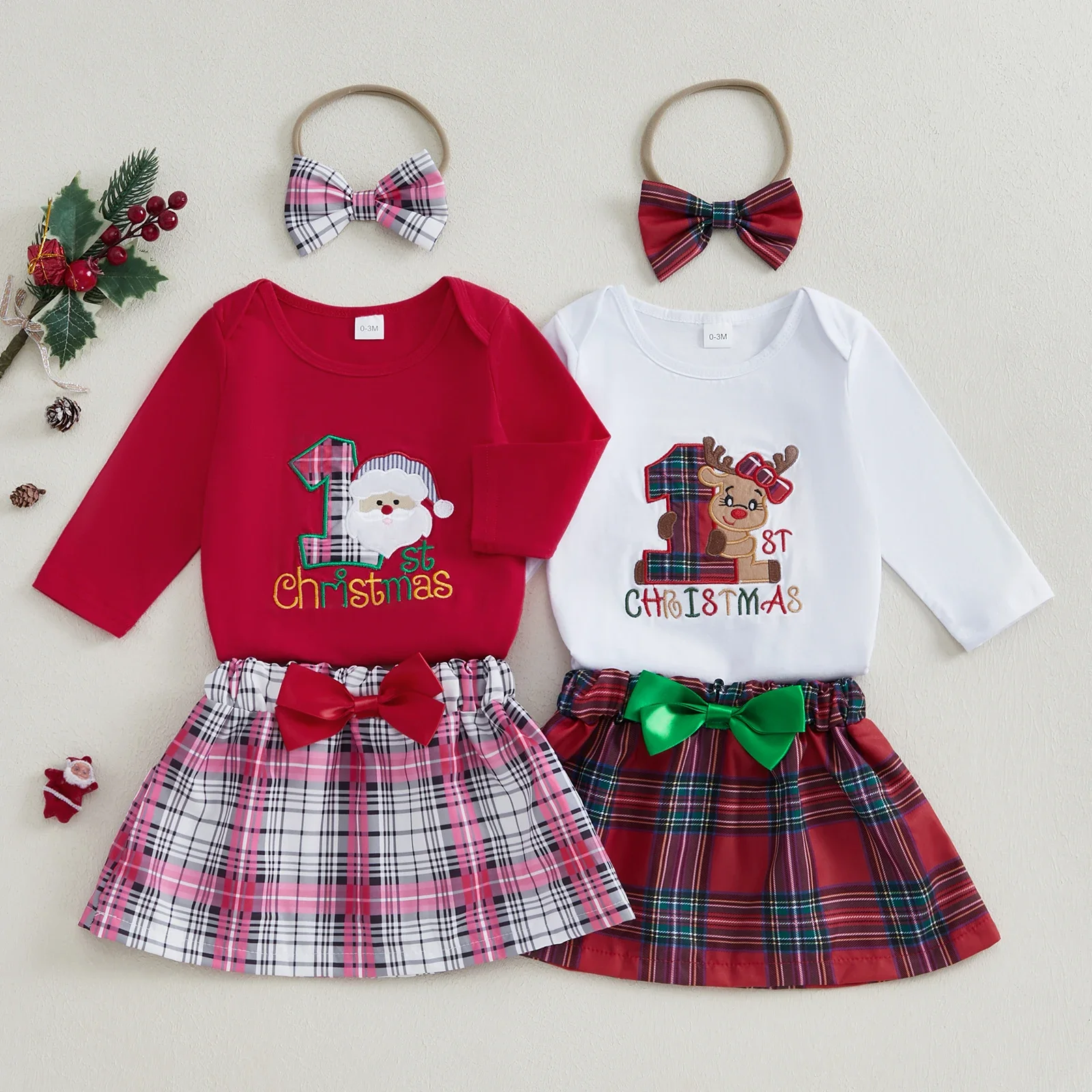 SUNSIOM-Conjunto de falda navideña para niñas, pelele bordado con letras de alce y Papá Noel, diadema de falda a cuadros, 3 piezas, 0-18 meses