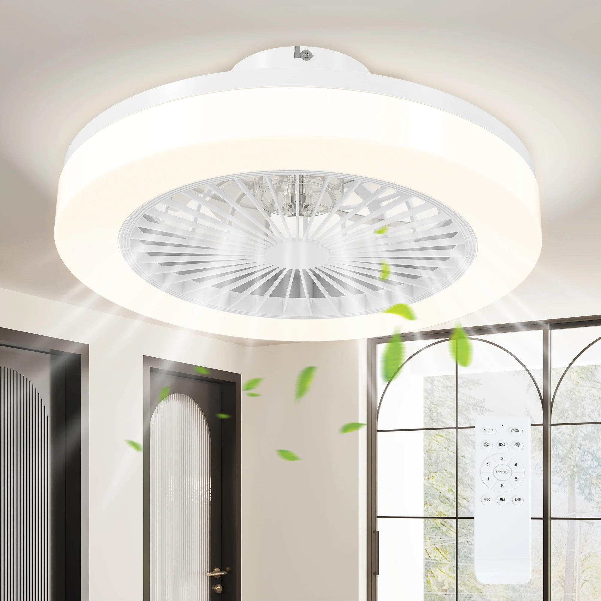 HOMCOM Ventilador de Techo con Luz LED 40 W Motor DC Reversible Lámpara Ventilador Techo Silenciosa con Mando a Distancia 6 Velocidades Temporizador para Salón Dormitorio Ø46 cm Blanco