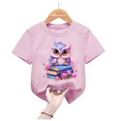 Camiseta Kawaii niña verano manga corta estampado búho rosa