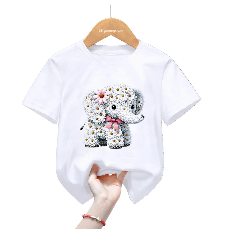 Camiseta con estampado de flores, elefante, mono, perro, pingüino, oso, conejo, gato, ciervo, ropa Harajuku Kawaii para niños y niñas