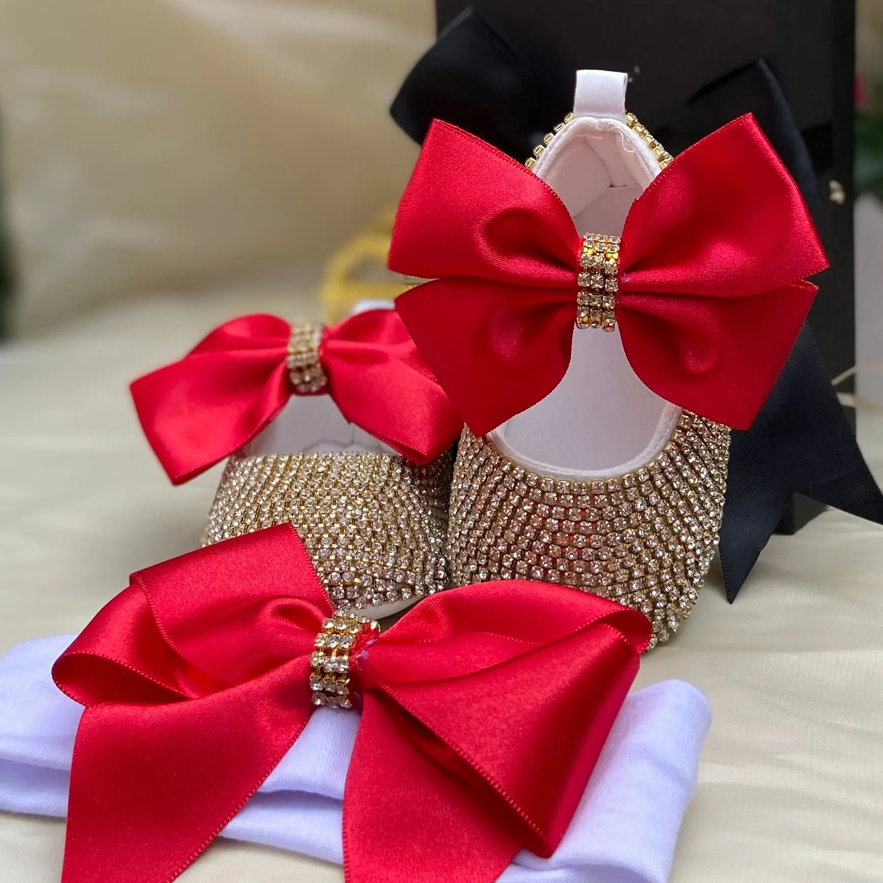 Dollbling-zapatos de bebé delicados con forma de mariposa y albaricoque, conjunto con diadema, traje de pelusa de diamantes de lujo, zapatos de bautismo para niña pequeña con fondo rojo - imagen 5