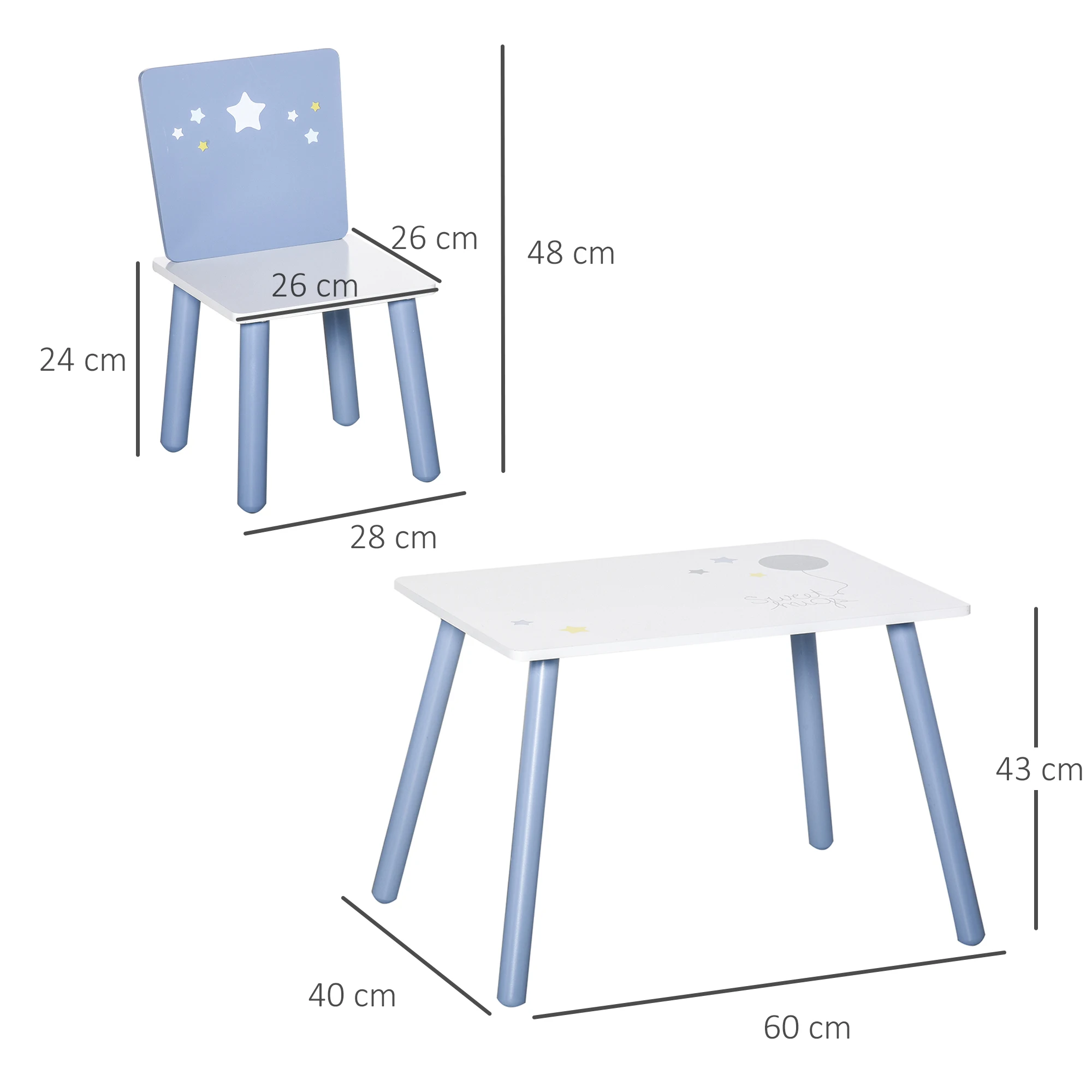HOMCOM Juego de Mesa Infantil y 2 Sillas de Madera Mesa con Sillas para Niños de 2-4 Años Mesa 60x40x43 cm y Sillas 28x26x48 cm para Dormitorio Sala Blanco y Azul - imagen 3