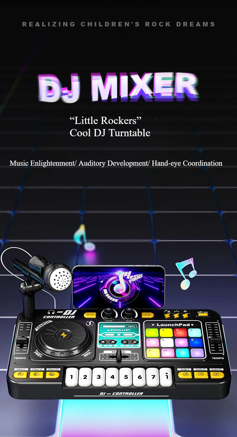 Controlador DJ CONUSEA con disco giratorio y micrófono