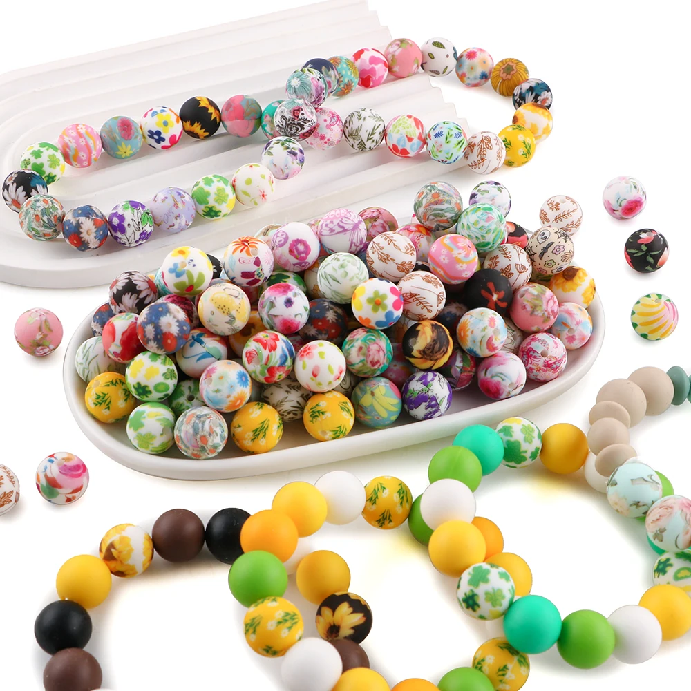15 Uds. De cuentas redondas de silicona con estampado de flores de 15mm para fabricación de joyería, collar, pulsera, pendientes, Etc., accesorios