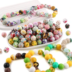 15 Uds. De cuentas redondas de silicona con estampado de flores de 15mm para fabricación de joyería, collar, pulsera, pendientes, Etc., accesorios