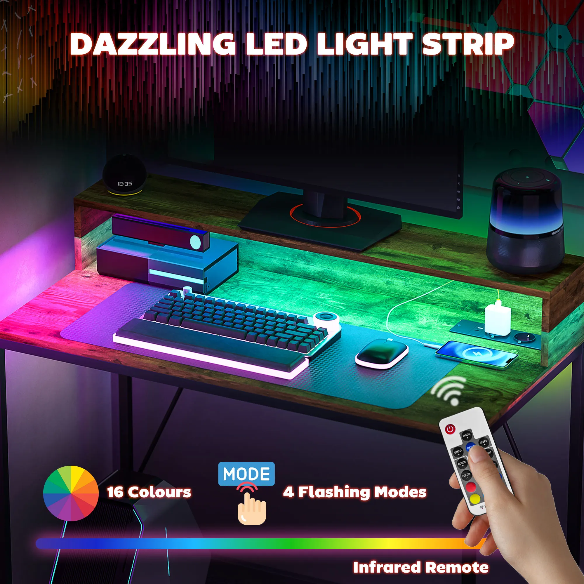 HOMCOM Escritorio Industrial Mesa Escritorio con Luces LED Tomas de Corriente Soporte para Monitor y Control Remoto Mesa de Ordenador para Oficina Estudio 100x50x90,5 cm Marrón Rústico - imagen 4