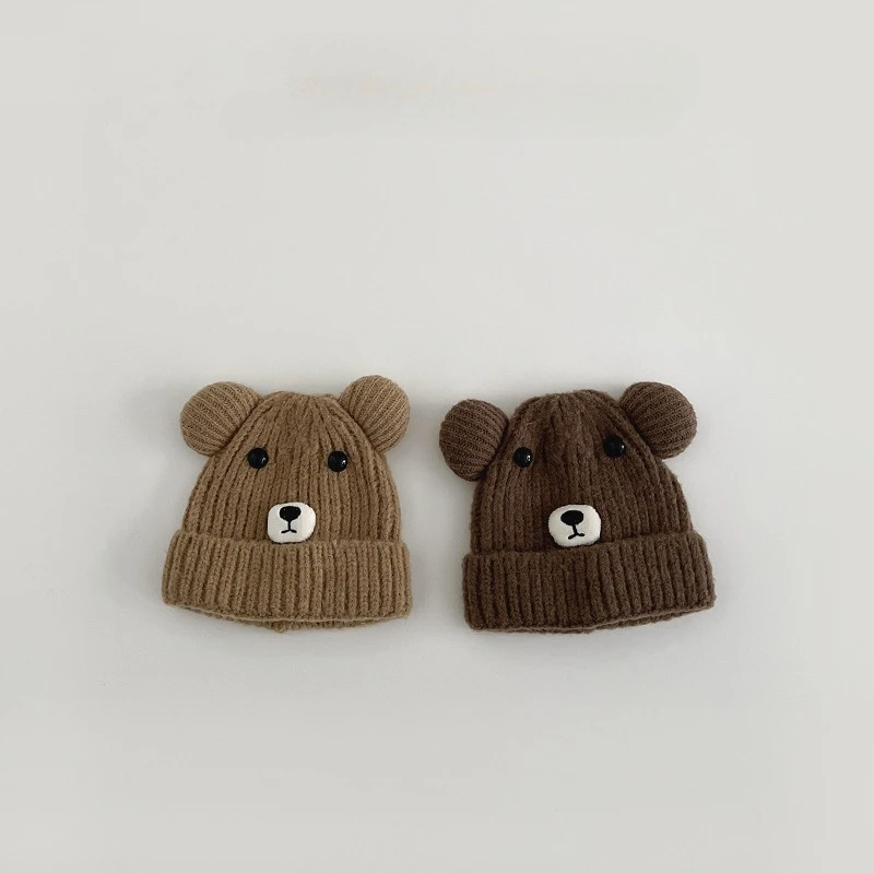 Gorro térmico de invierno para bebé con cobertura para las orejas, gorro tejido con bonito patrón de oso para niños pequeños, gorro infantil elástico suave