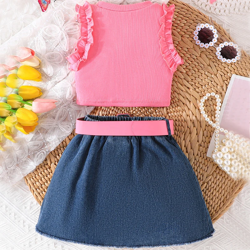 Ropa de verano de 3 piezas para niñas, Tops lisos sin mangas a la moda coreana para bebés, pantalones cortos de mezclilla y cinturón, ropa de Boutique para niños pequeños BC491 - imagen 2