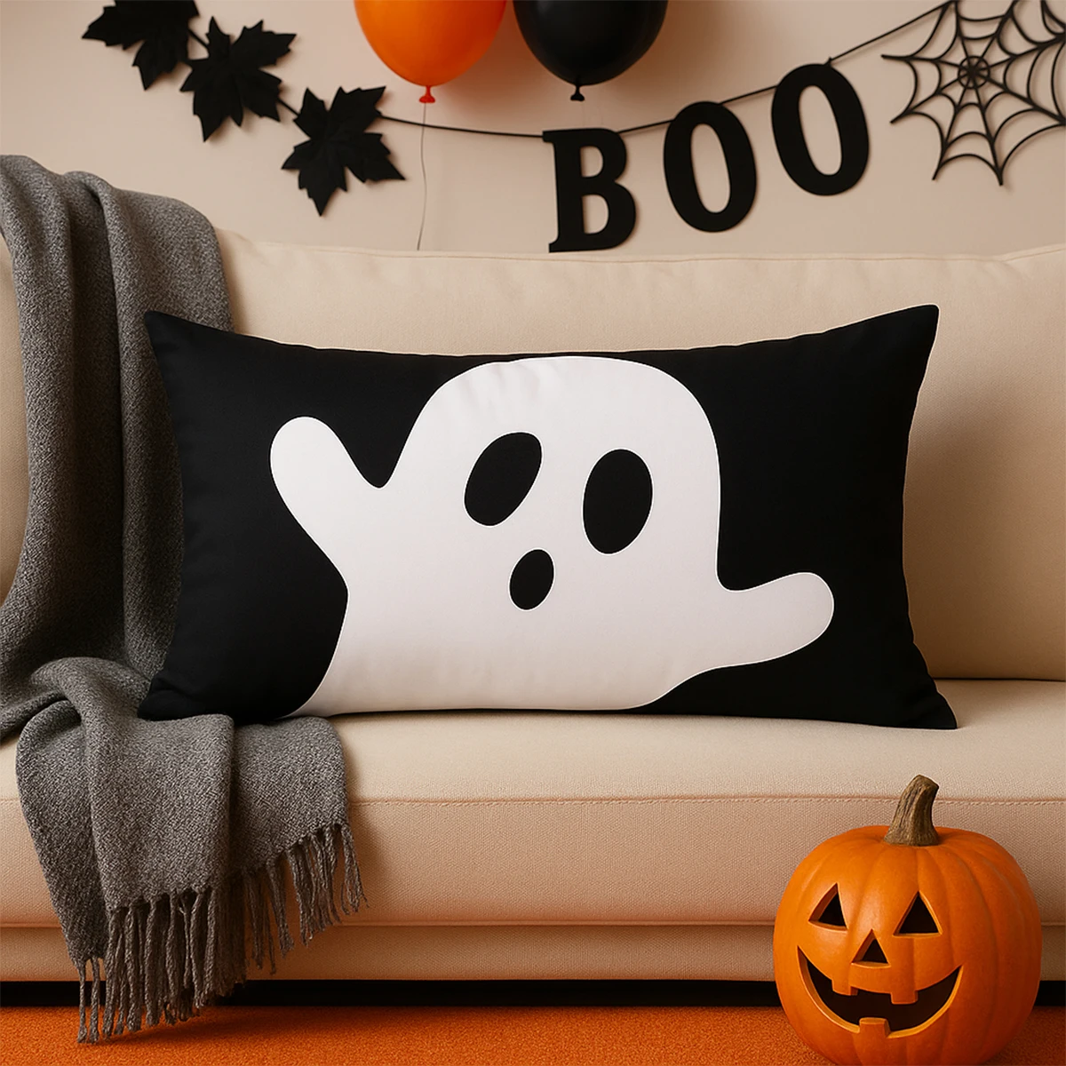 Boo-funda de almohada decorativa de fondo negro para Halloween, funda de almohada con cintura de fantasma espeluznante, funda de cojín para sofá, decoración divertida para fiesta de Halloween, 1 ud. - imagen 3
