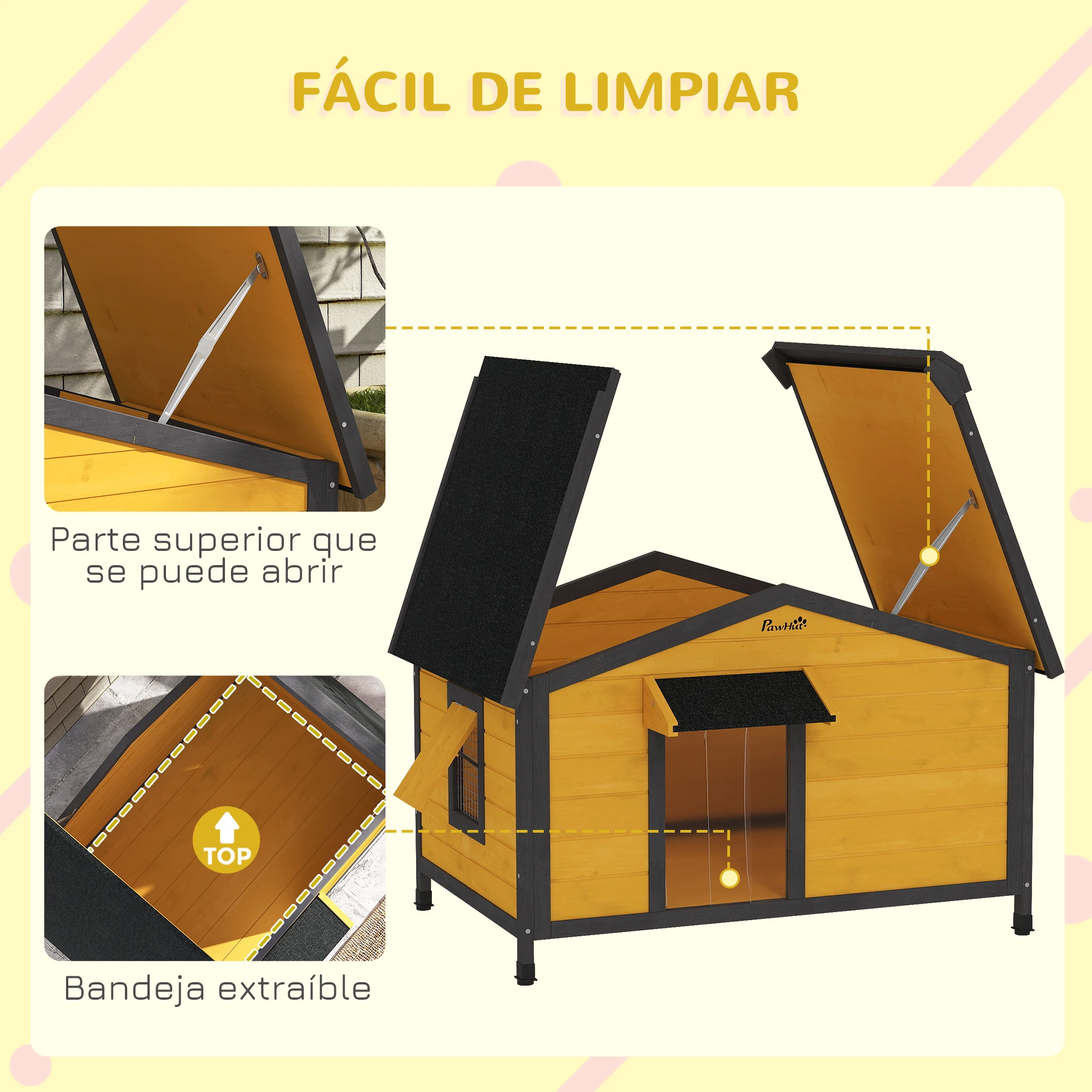 PawHut Caseta para Perros de Madera 97x72x65 cm Casita para Mascotas con Techo Asfáltico Abatible 2 Ventanas Puerta con Cortina y Base Extraíble - imagen 5