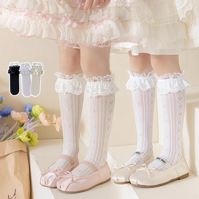 Calcetines por encima de la rodilla con corazón hueco de verano, calcetines largos de princesa con volantes de encaje para niñas, calcetines Kawaii con alambre antigancho, medias de Lolita para niños