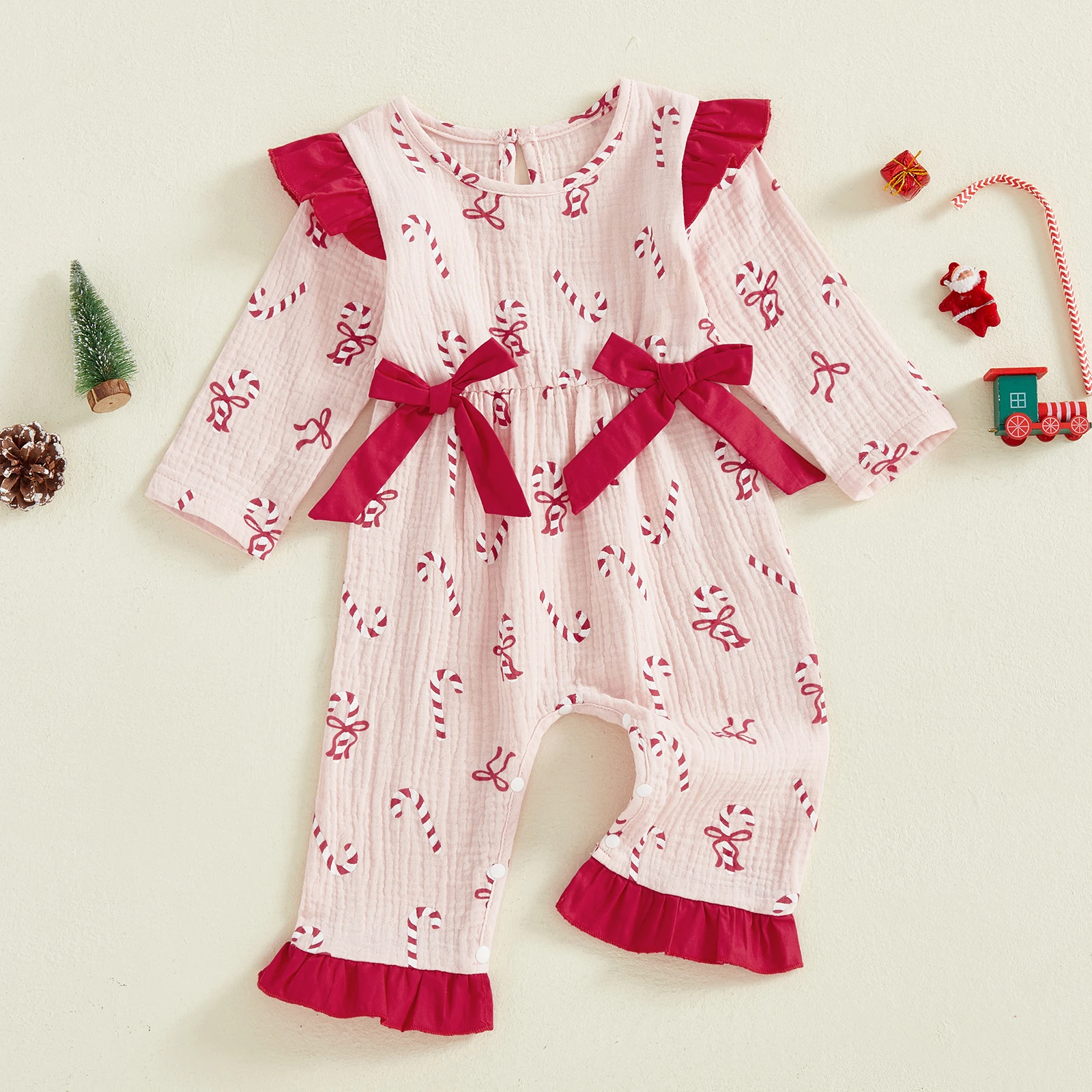 Suefunskry Mameluco de Navidad para bebé niña con volantes, manga larga, cuello redondo, estampado de bastón de caramelo, mono con decoración de lazo - imagen 5