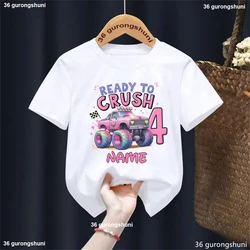 Camiseta con nombre personalizado para regalo de 4.º cumpleaños, camiseta con estampado de Monster Truck Ready To Crush 4, ropa Kawaii para niñas, camisetas de verano