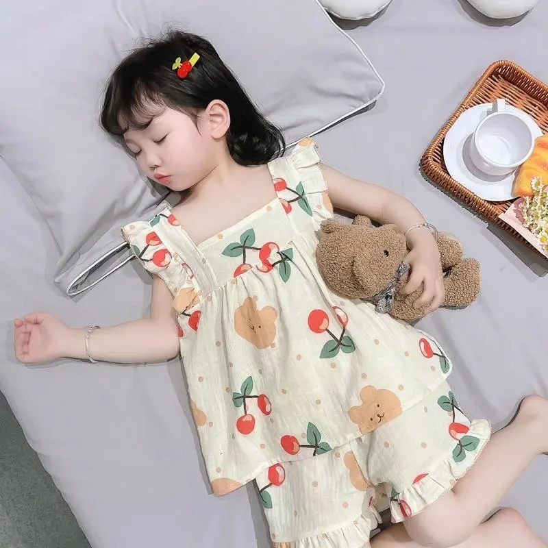 Conjunto de pijama con estampado de dibujos animados para niña, pijamas finos con tirantes, pantalones cortos, ropa para el hogar para niño, conjunto de dos piezas - imagen 2