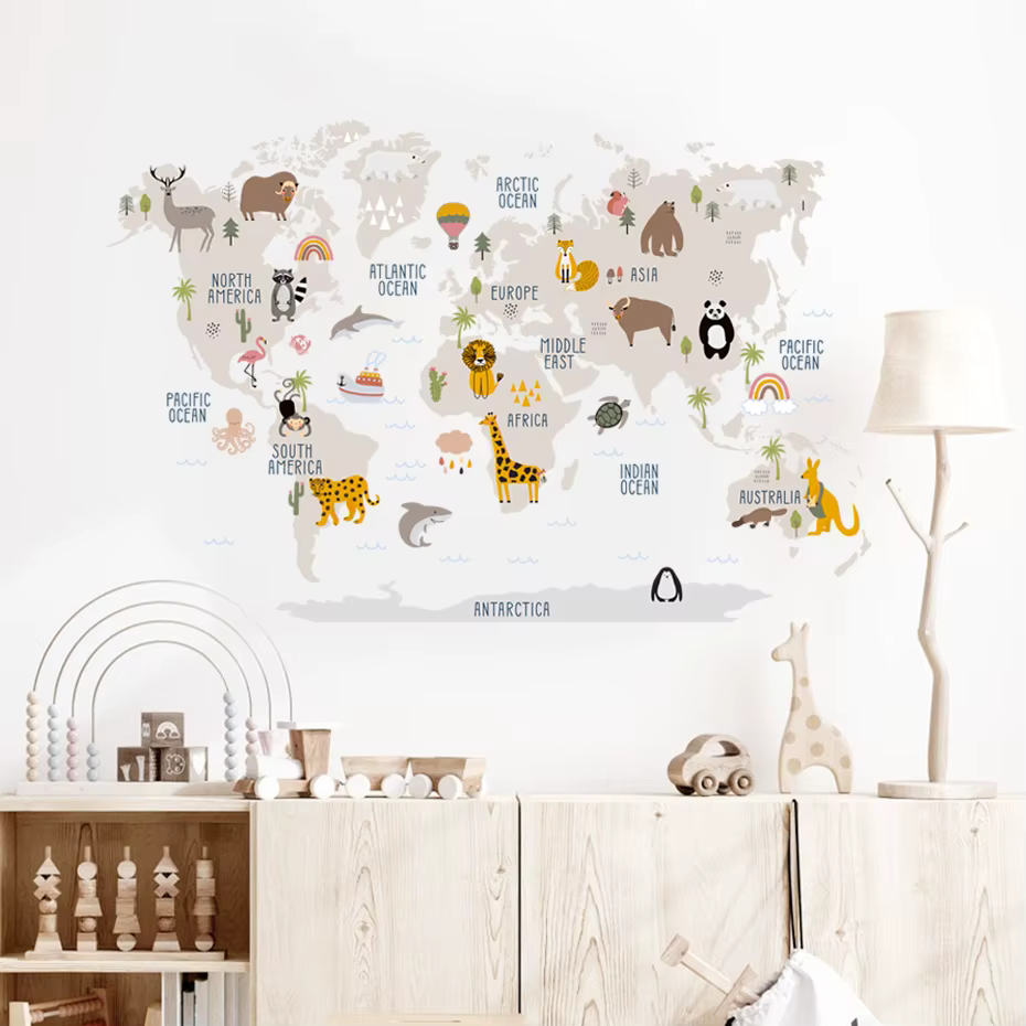 Pegatinas de pared vinilo mapa mundo infantil – Acuarela con animales