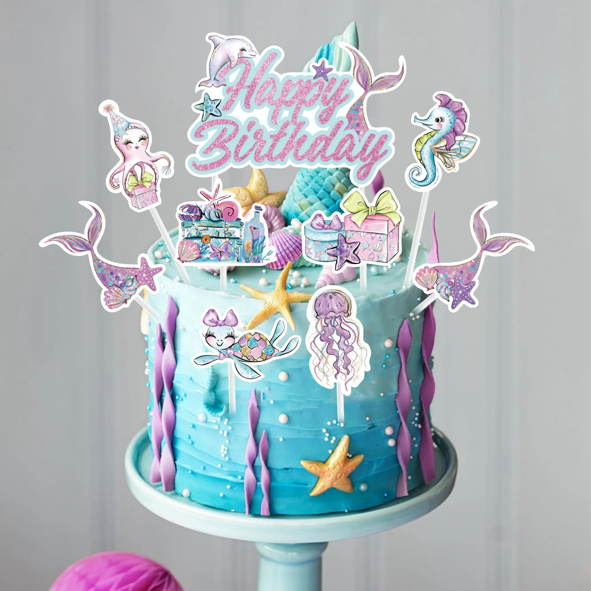 Decoración de decoración de tarta de cumpleaños con temática de sirena, decoración de cola de sirena, decoración de tarta de feliz cumpleaños para tarta de cumpleaños, suministros para fiesta de bienvenida de bebé
