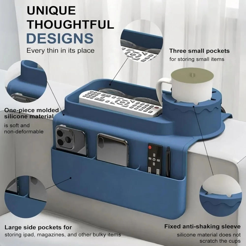 Posavasos de silicona para sofá, bandeja portavasos, reposabrazos para sofá, caja de almacenamiento con accesorios, bolsillo lateral para Control remoto y bebidas - imagen 2