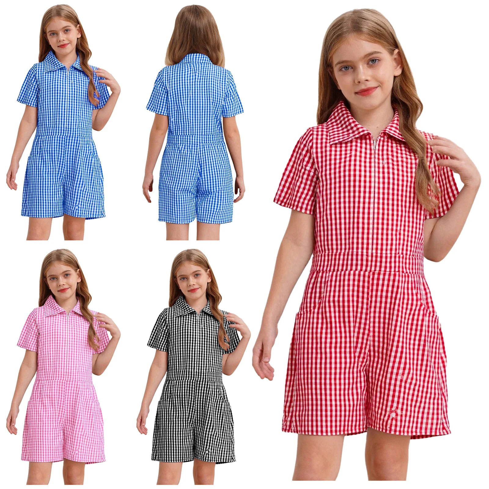 Uniforme escolar para niñas, mono informal a cuadros con cuello vuelto, mono de manga corta con cremallera frontal y bolsillos para uso diario - imagen 2