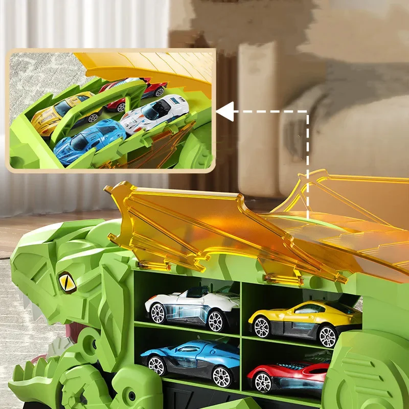 Camión tiranosaurio de juguete, dinosaurio, pista de golondrina, coche de almacenamiento de deformación con coche de carreras de aleación, coche de transporte plegable, juguete para regalo - imagen 3
