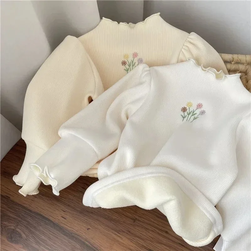 Jersey bordado con mangas abullonadas para niña – Suéter térmico suave