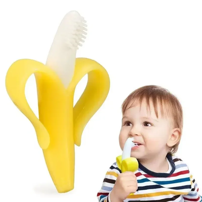 Cepillo de dientes 2 en 1 con forma de plátano para niños, mordedor para niños pequeños, cepillo de dientes de entrenamiento de silicona sin BPA, cuidado Dental para masticar para bebés