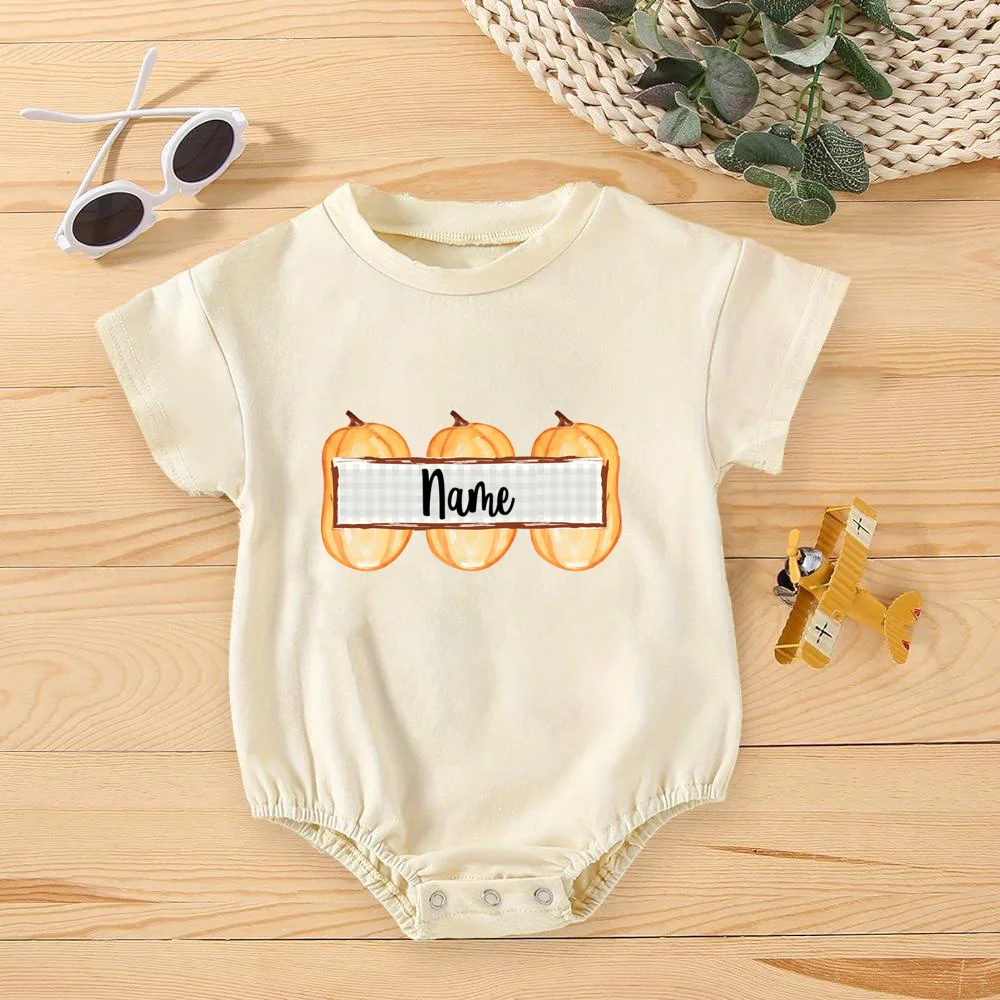 Personalized Pumpkin Name Baby Bubble Romper Custom Infant Oversized T-Shirt Romper Halloween Thanksgiving Bodysuit - imagen 4