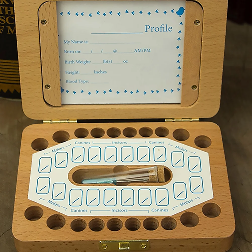1 Juego de organizador de dientes de bebé, caja de almacenamiento de dientes de hoja caduca de madera para recoger fotos de dientes de bebé, información de nacimiento, soporte para dientes de hoja caduca