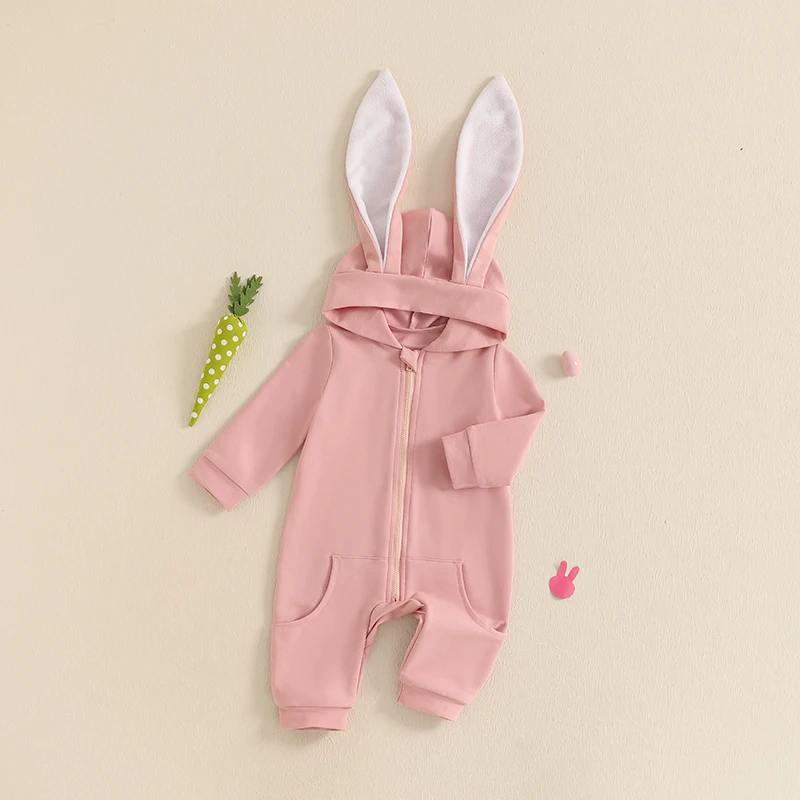 Mameluco con cremallera de Pascua para bebé, mono informal de manga larga con capucha y Orejas de conejo de Color sólido para recién nacido - imagen 4