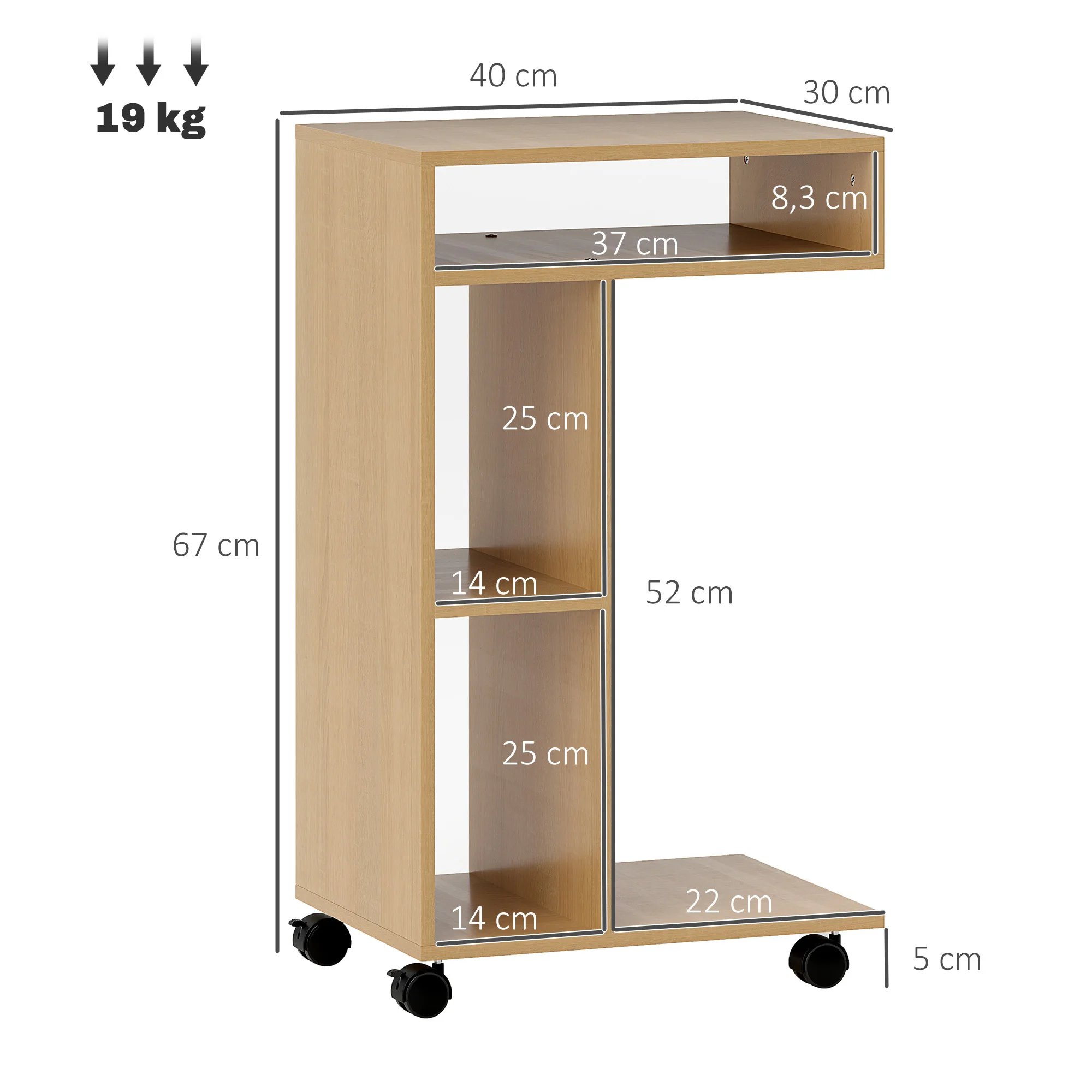 HOMCOM Mesa Auxiliar Multifuncional en Forma de C Mesa Auxiliar para Sofá con Ruedas Compartimentos Abiertos Mesa Lateral para Sofá Salón Dormitorio Oficina 40x30x69 cm Roble - imagen 3