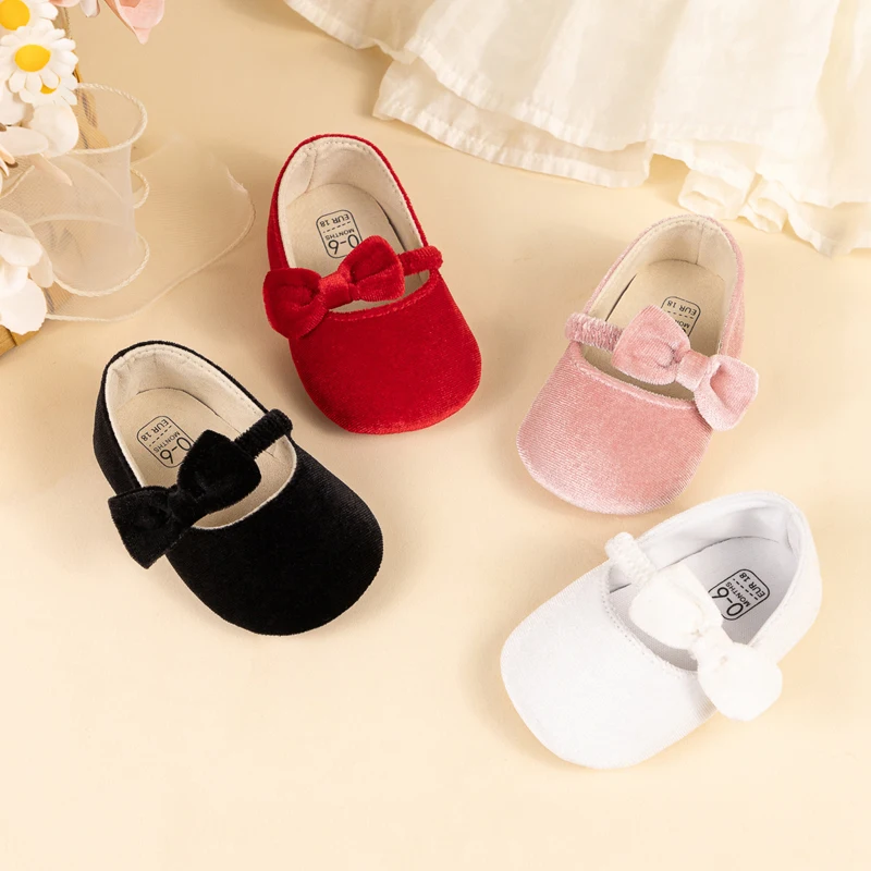 SUNSIOM Zapatos planos Mary Jane para niñas, lindos zapatos de vestir de terciopelo con lazo para niños pequeños, zapatos de cuna para bebés