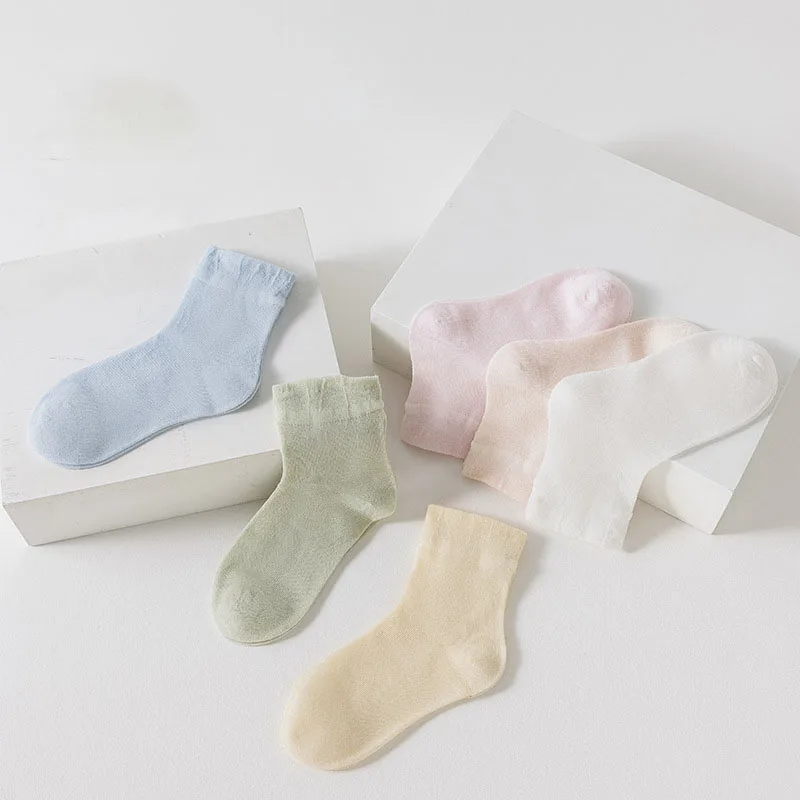 Juego de 4 pares de calcetines de verano para niños 1-12T medias ultrafinas de Color sólido hasta la rodilla para niños y niñas de color caramelo - imagen 2