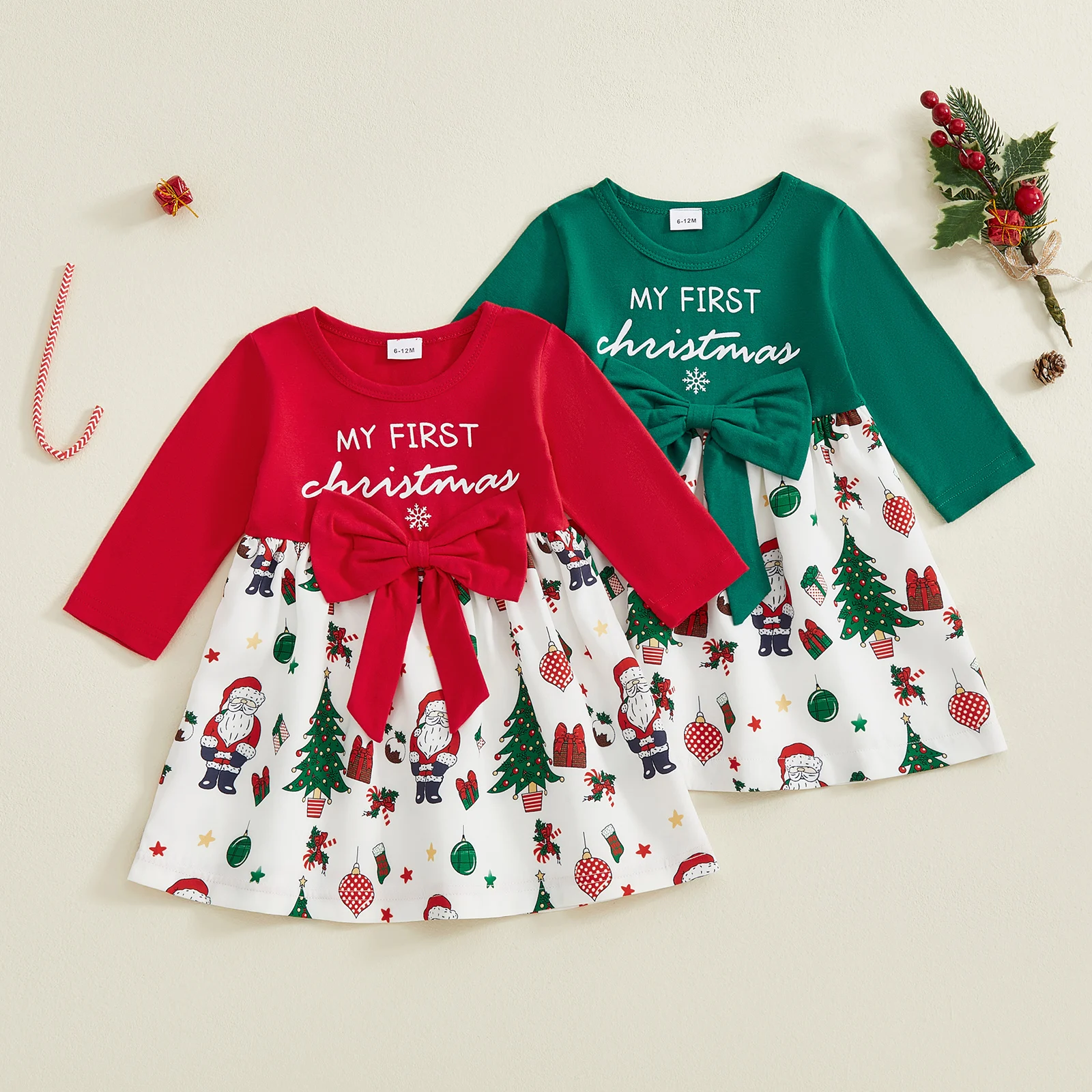 VISgogo Vestido de Navidad para niña pequeña de 0 a 18 meses, manga larga, cuello redondo, lazo frontal, vestido suelto, traje de vacaciones - imagen 2