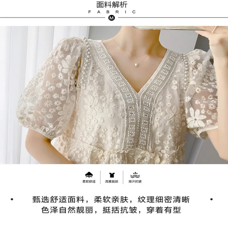 Vestido de verano de maternidad nueva moda vestido de manga corta de encaje bordado suelto Casual dulce elegante vestido de ropa de maternidad - imagen 5