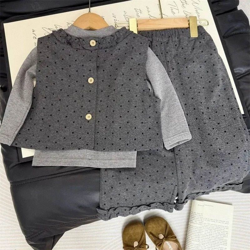 Conjunto de primavera para niña manga larga con lunares y chaleco - imagen 3