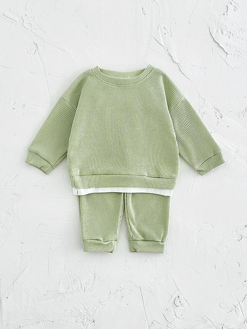 MILANCEL-Conjunto de ropa de gofres para bebé, Sudadera con capucha de Color sólido + Pantalones de chándal, traje de bloque de Color para niño pequeño, novedad de primavera - imagen 5