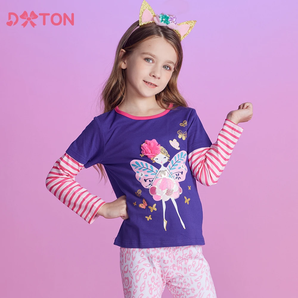 DXTON camiseta manga larga niña algodón rayas mariposa otoño