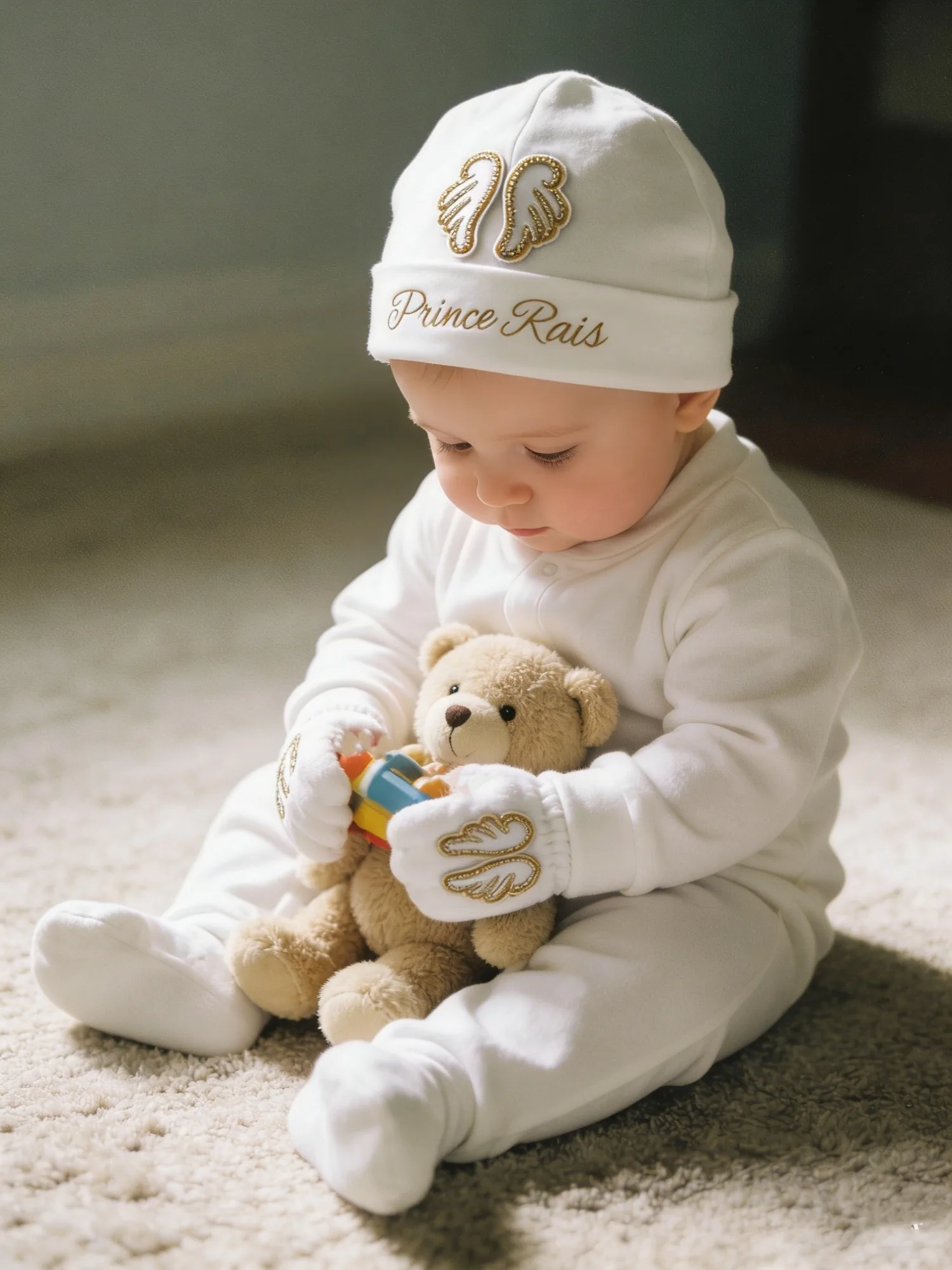 Conjunto de traje de príncipe ángel de oro blanco para bebé, mono, sombrero, zapatos, mitones con alas 3D y bordado "Prince", ropa suave para recién nacido - imagen 2