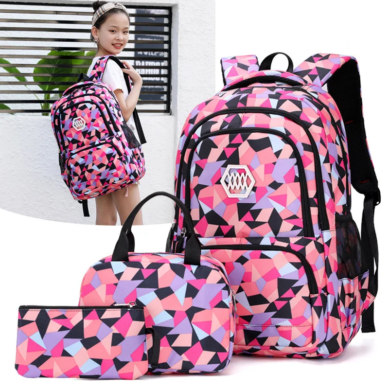 Mochila colorida para niños, mochilas escolares geométricas para niñas, conjunto de mochila primaria coreana, bolso multifunción, bolsas de viaje, 3 uds.
