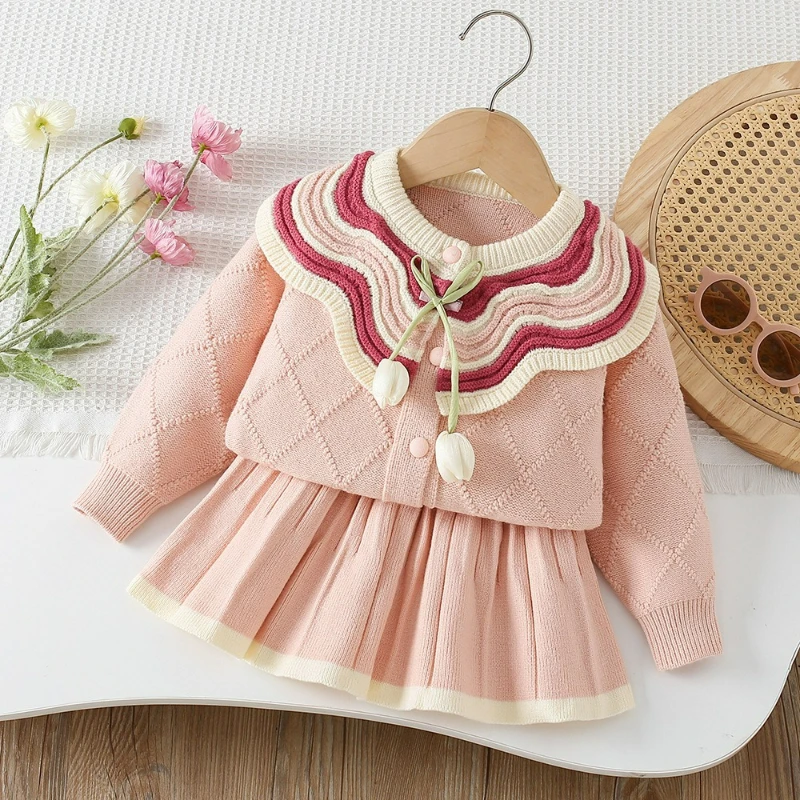 Chaqueta de hilo para niña, cárdigan y falda de punto de tulipán con cuello de bloque de Color a la moda, estilo coreano, conjunto de dos piezas, otoño e invierno - imagen 4