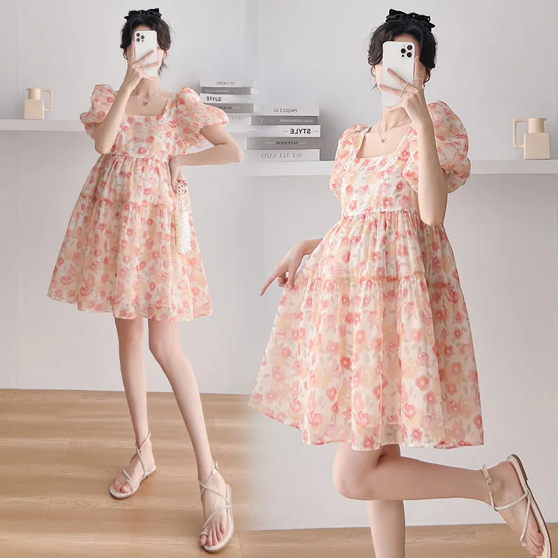 Vestido de maternidad teñido Floral, moda coreana de verano, ropa holgada de línea A para mujeres embarazadas, dulce embarazo - imagen 4