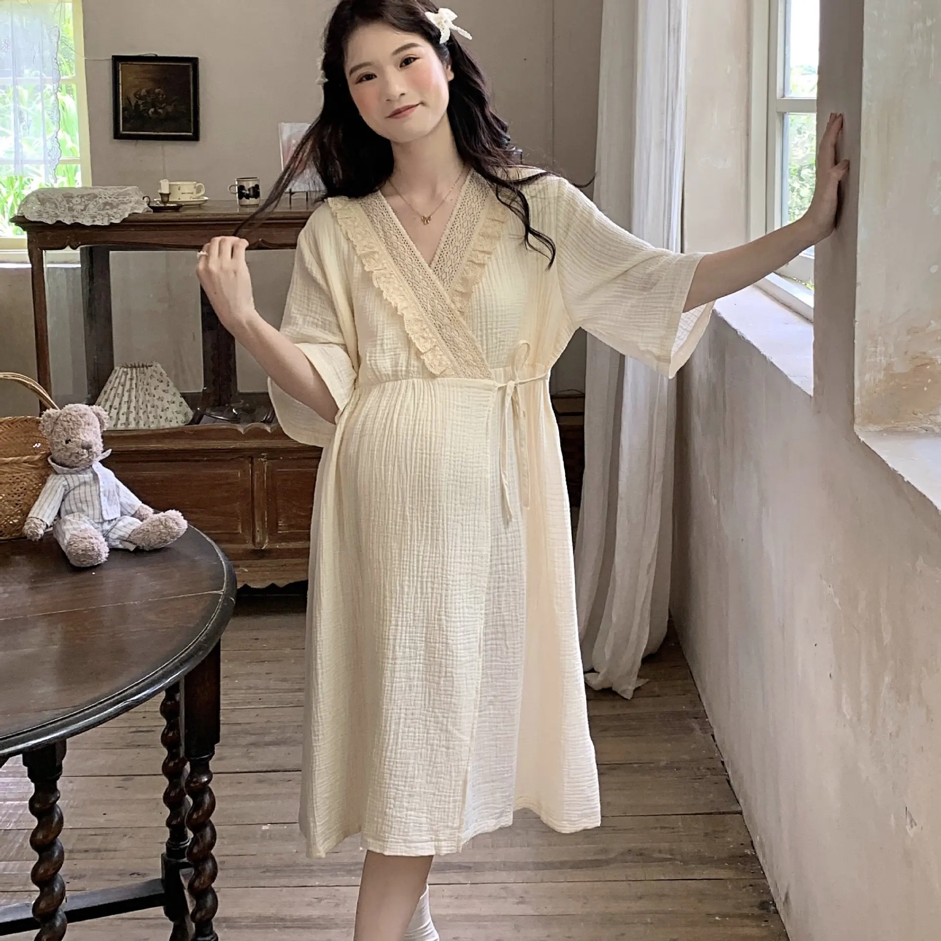 100% de algodón, ropa de dormir de maternidad para lactancia, vestido de noche de alimentación de manga corta, ropa de dormir de moda para mujeres embarazadas, salón en casa - imagen 2