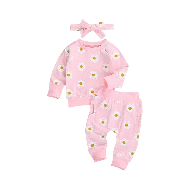 Conjunto de algodón con margaritas para bebés, niños y niñas, primavera/otoño, conjunto de manga larga con estampado Floral y diadema, ropa informal fresca y acogedora - imagen 2
