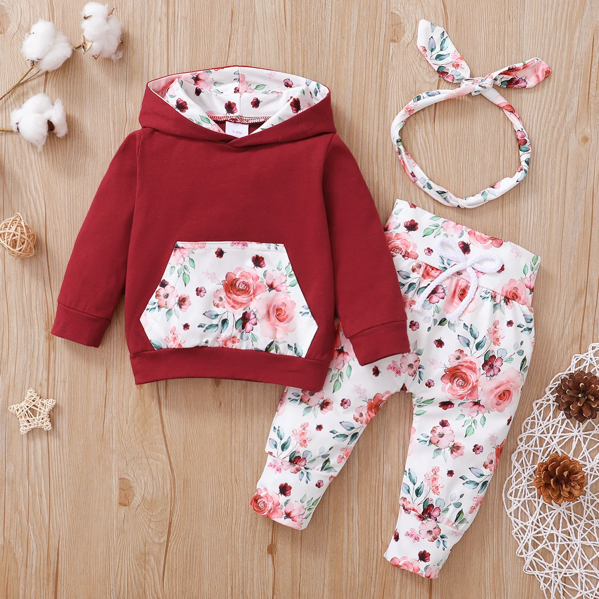 Conjunto de ropa para niña de 3 uds., Top con capucha de manga larga con estampado de flores, pantalones y diadema, ropa de otoño e invierno de 3 colores para bebé de 0 a 2 años