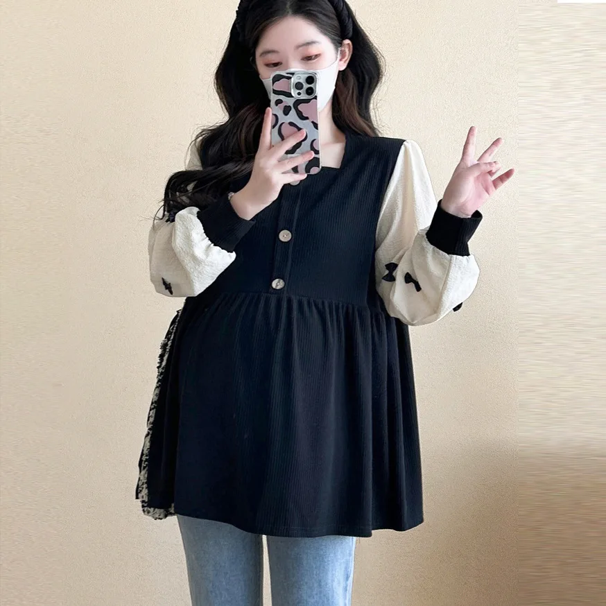 Otoño primavera moda Patchwork blusas de maternidad camisa suelta de moda ropa para mujeres embarazadas Chic Ins Tops de embarazo - imagen 3