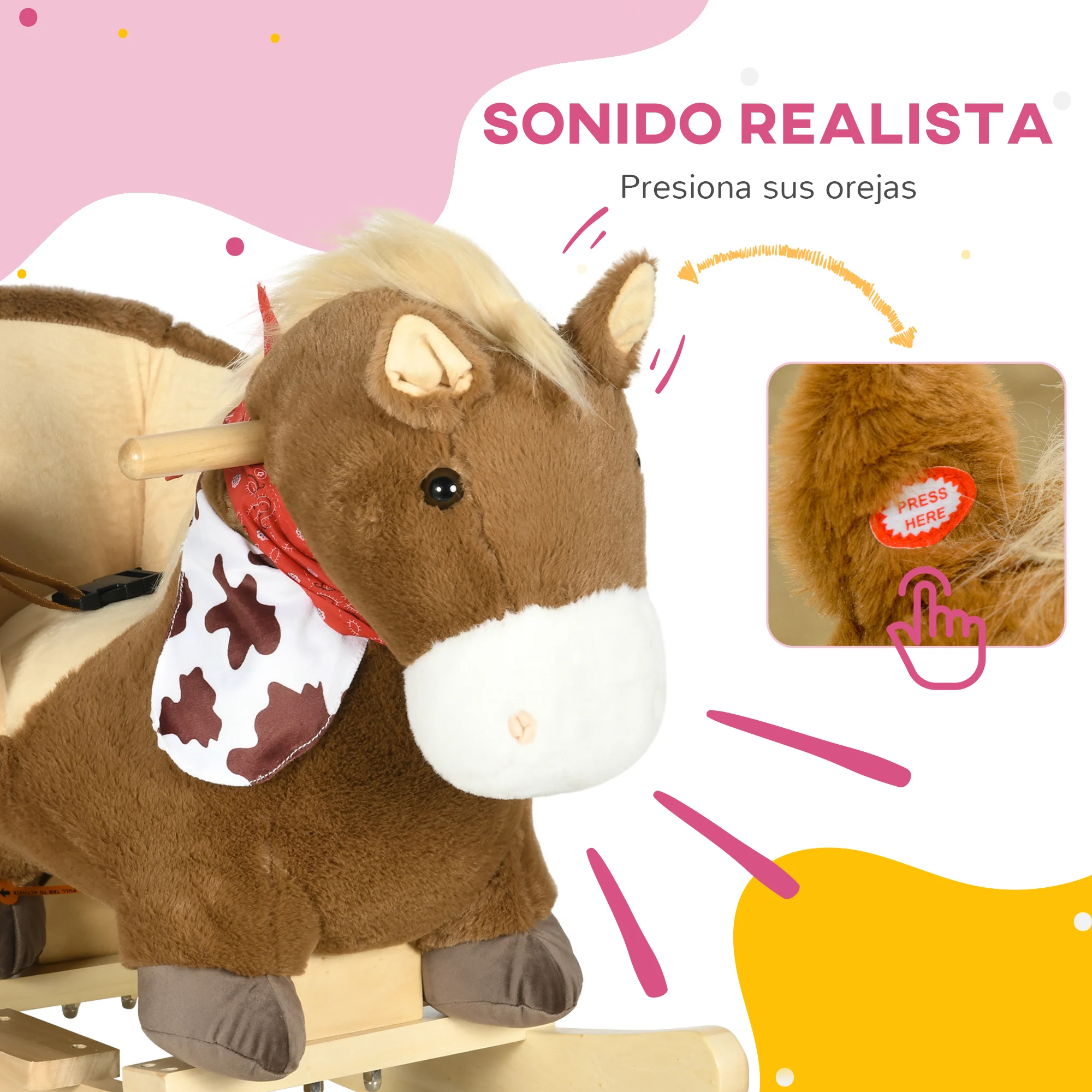 HOMCOM Caballito Balancín para Bebés 18-36 Meses Caballo Balancín con Sonidos de Animal Cinturón de Seguridad Manillar y Reposapiés Carga 40 kg 60x33x50 cm Café - imagen 4