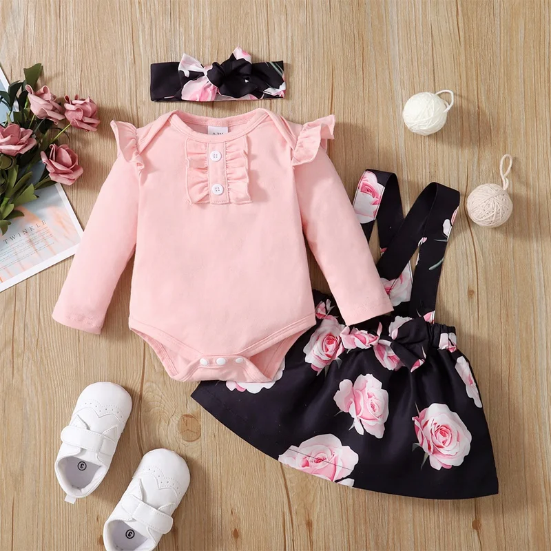 Conjunto de vestido para niña, mono de manga larga, falda con tirantes florales rosas y diadema, trajes de moda para niños pequeños de 0 a 18 meses, 3 uds.