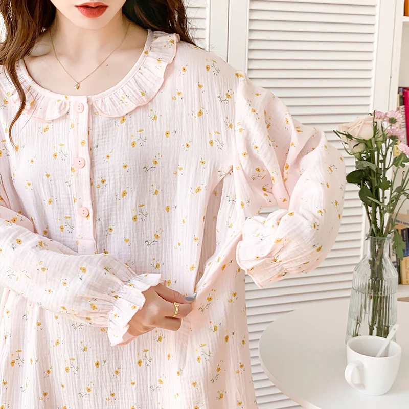 100% de gasa de algodón, ropa de dormir de maternidad para lactancia, vestido de noche suelto de manga larga para alimentación para dormir posparto, ropa de dormir para salón en casa - imagen 4