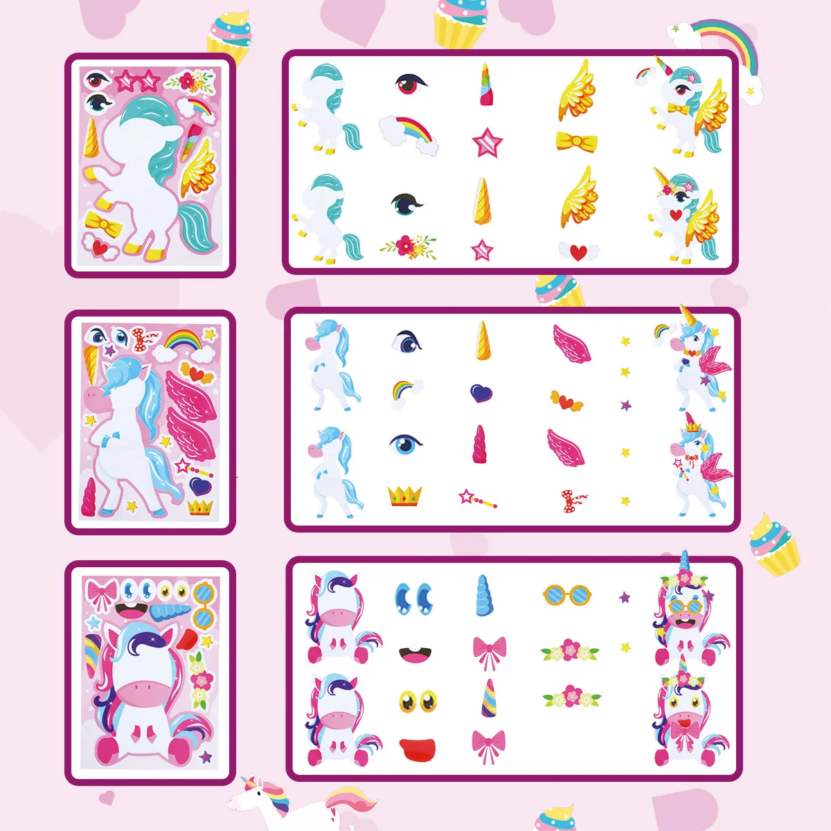 12 hojas de pegatinas de rompecabezas DIY de caballo arcoíris para niños, juegos de unicornio, fiesta de cumpleaños, hacer una cara, divertidas pegatinas de rompecabezas para montar, regalos - imagen 3